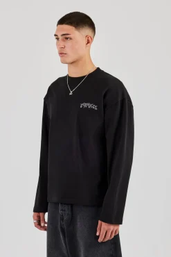 Long Sleeve Back Puff Print T-Shirt - Black