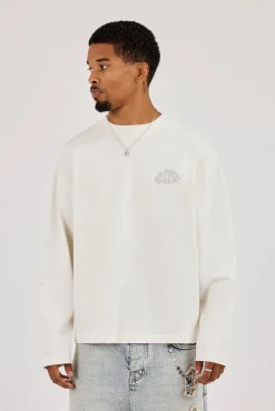 Long Sleeve Chain Stitch Boxy T-Shirt - Off White
