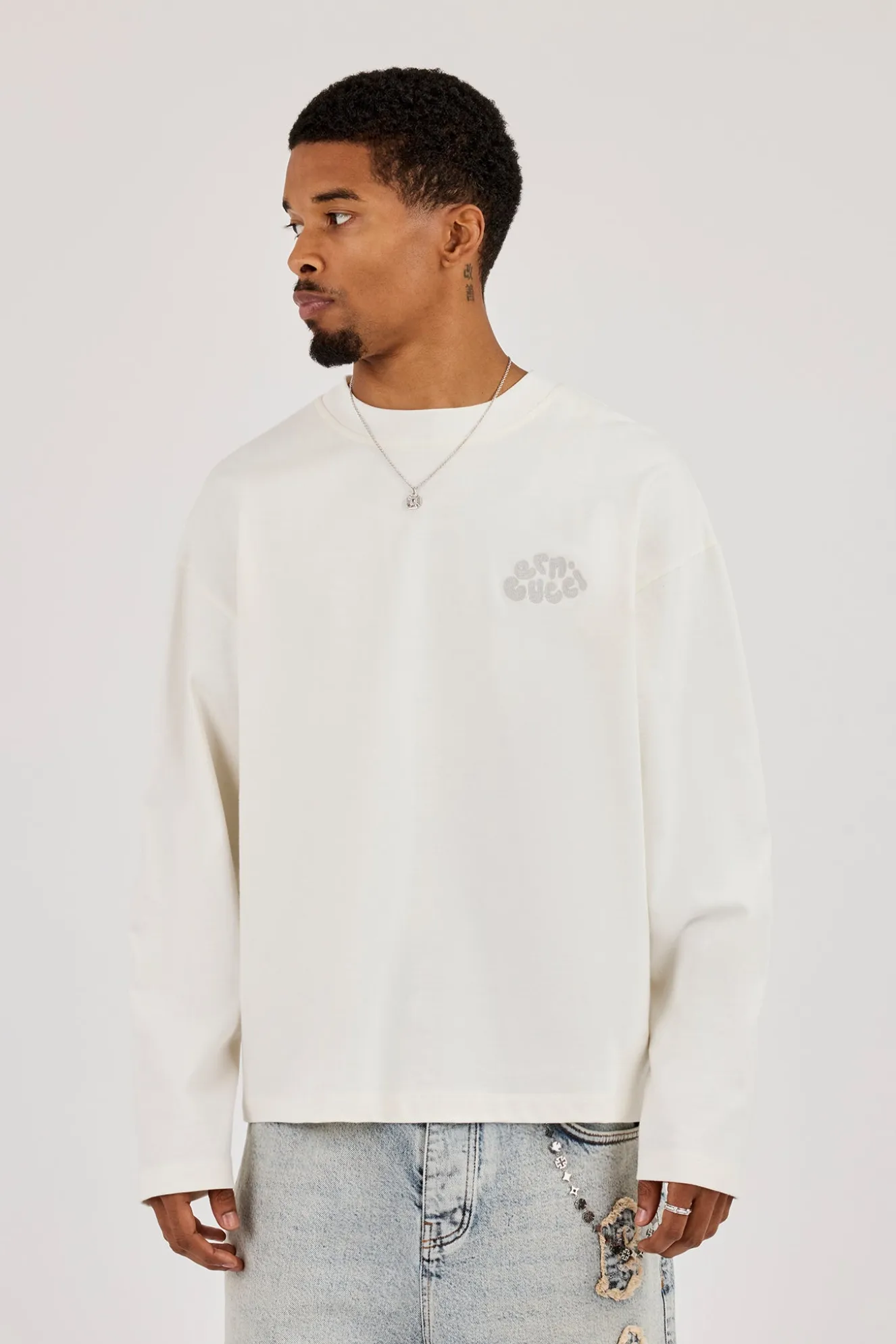 Long Sleeve Chain Stitch Boxy T-Shirt - Off White