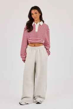 Long Sleeve Stripe Cropped Polo - Pink