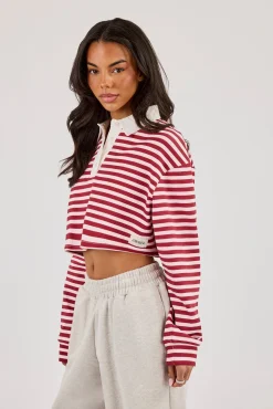 Long Sleeve Stripe Cropped Polo - Pink