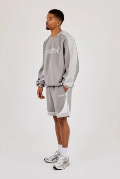 Long Sleeve V Neck Football Top & Relaxed Panelled Short - Light Grey