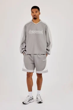 Long Sleeve V Neck Football Top & Relaxed Panelled Short - Light Grey