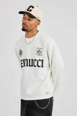 Long Sleeve Waffle Print T-Shirt - Off White