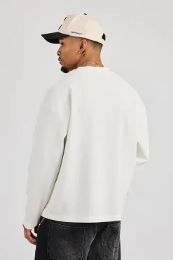 Long Sleeve Waffle Print T-Shirt - Off White