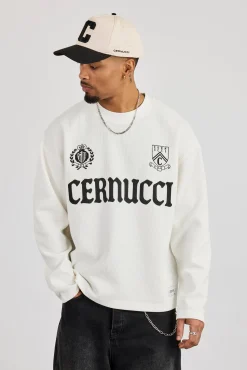 Long Sleeve Waffle Print T-Shirt - Off White