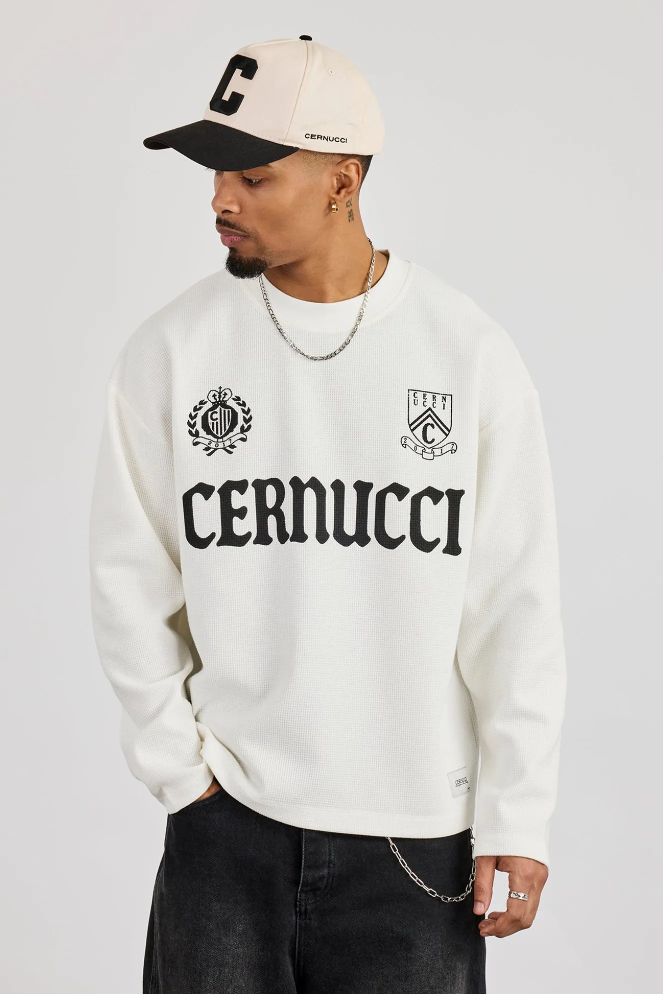 Long Sleeve Waffle Print T-Shirt - Off White