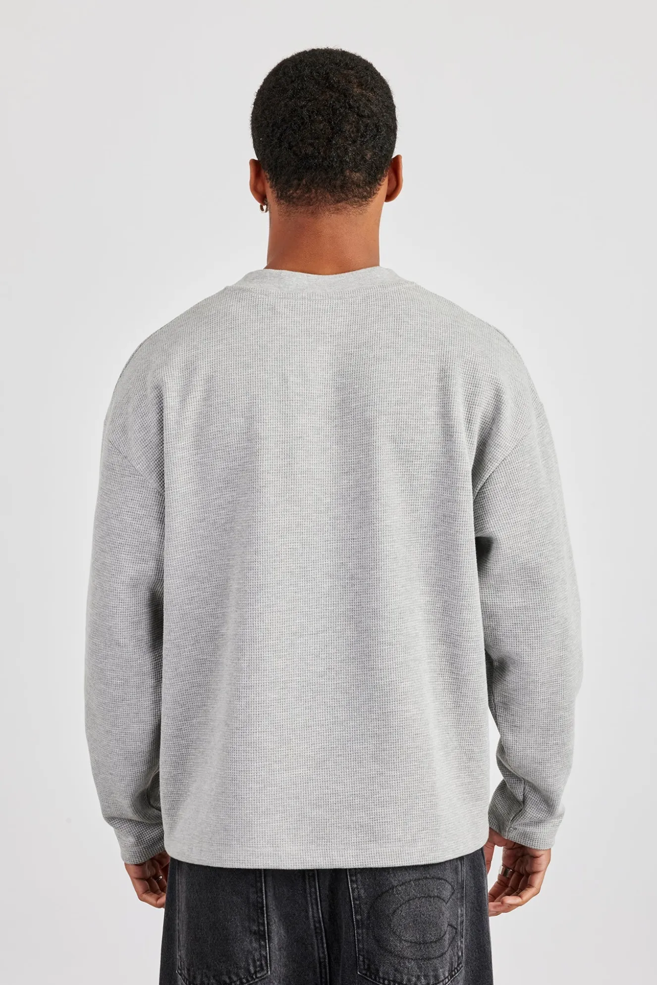 Long Sleeve Waffle Print T-Shirt - Grey