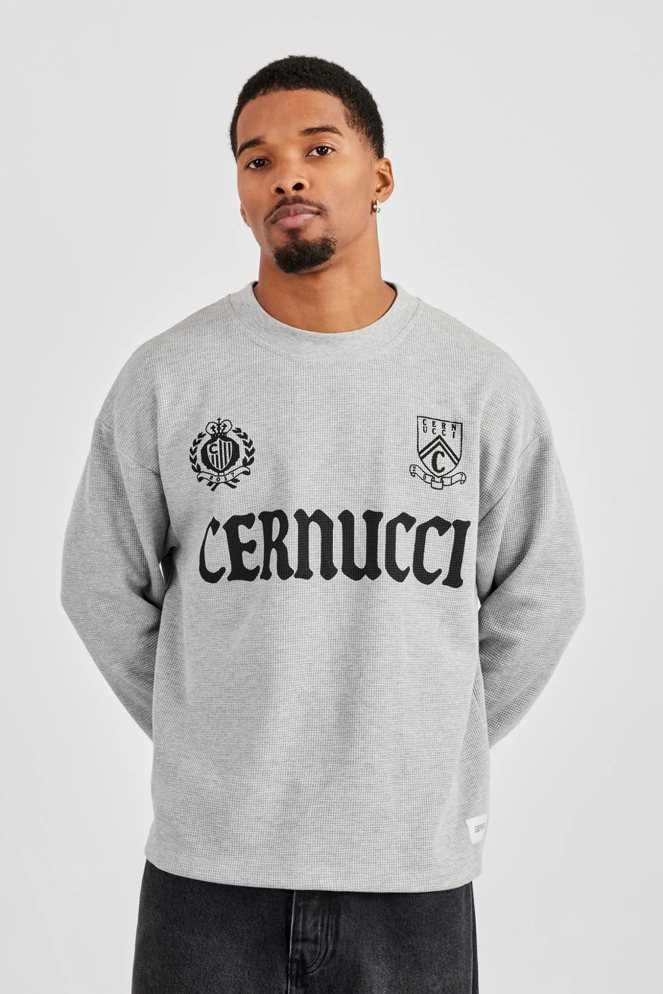 Long Sleeve Waffle Print T-Shirt - Grey