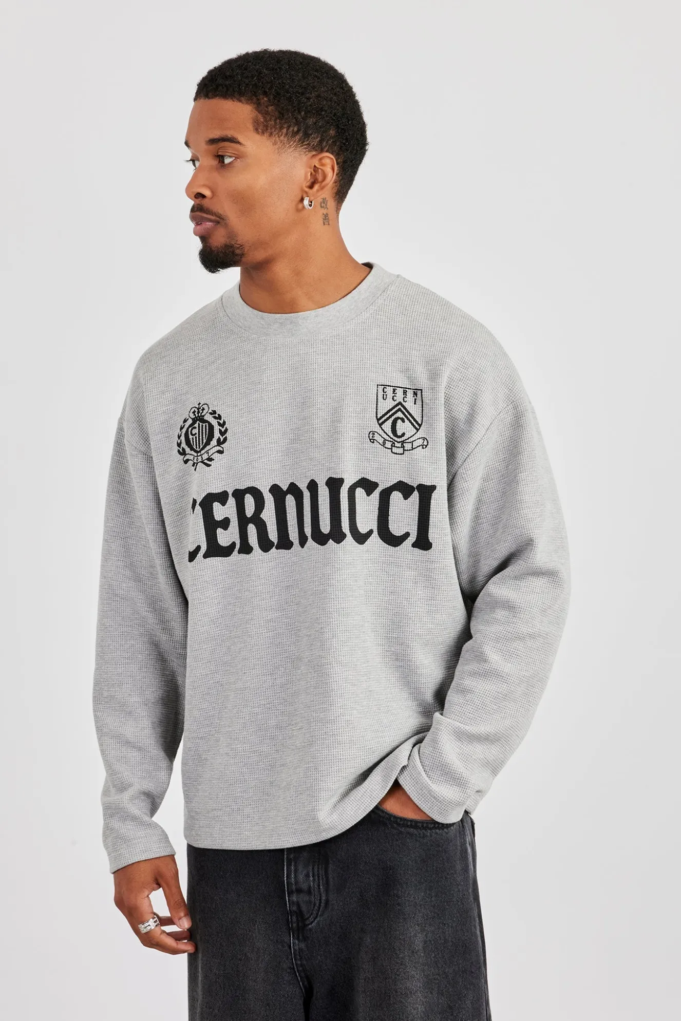 Long Sleeve Waffle Print T-Shirt - Grey