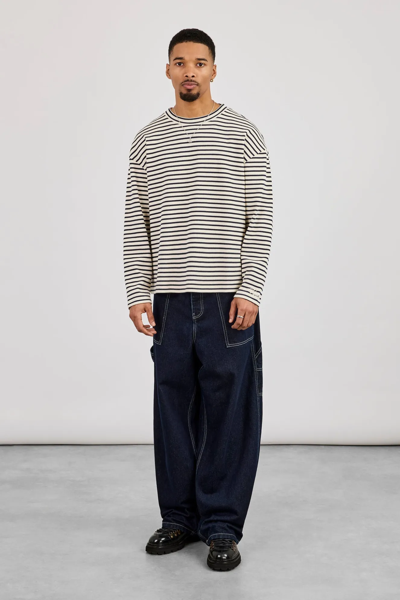Long Sleeve Waffle Stripe T-Shirt - Navy
