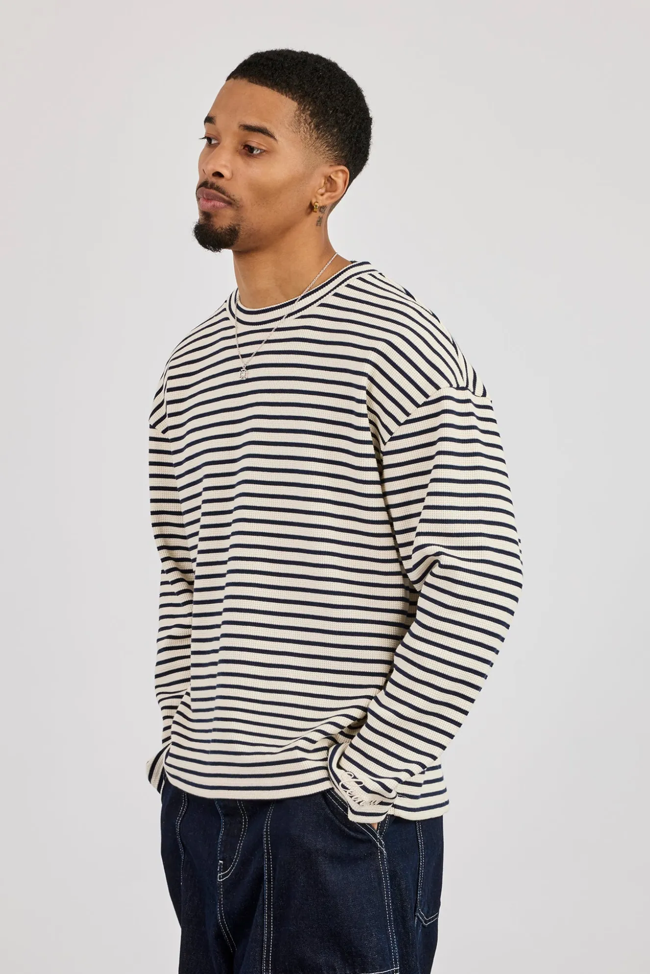 Long Sleeve Waffle Stripe T-Shirt - Navy