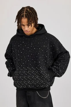 Mens Boxy Rhinestone Hoodie - Black