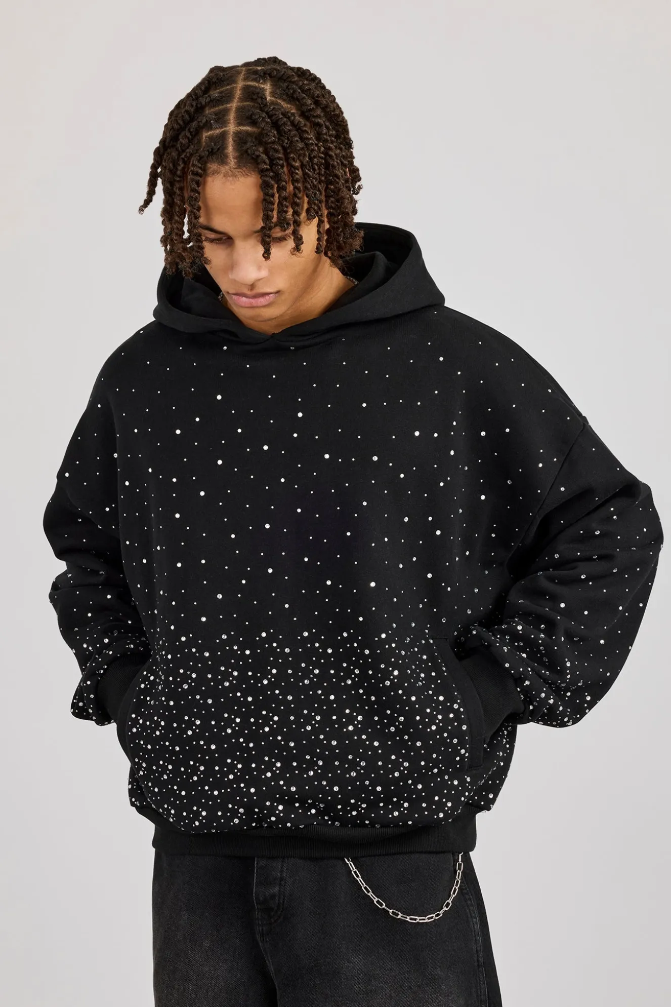 Mens Boxy Rhinestone Hoodie - Black