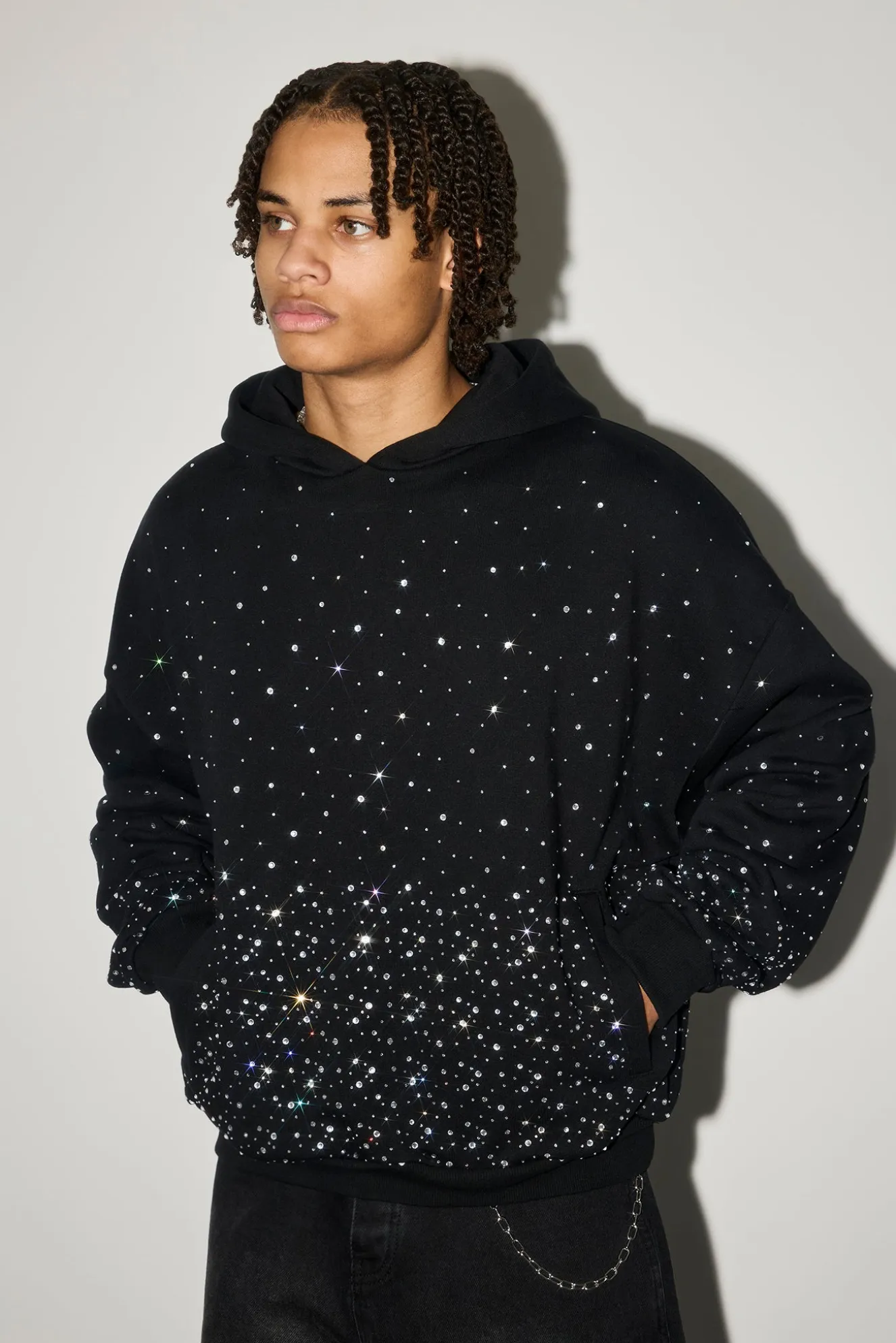 Mens Boxy Rhinestone Hoodie - Black
