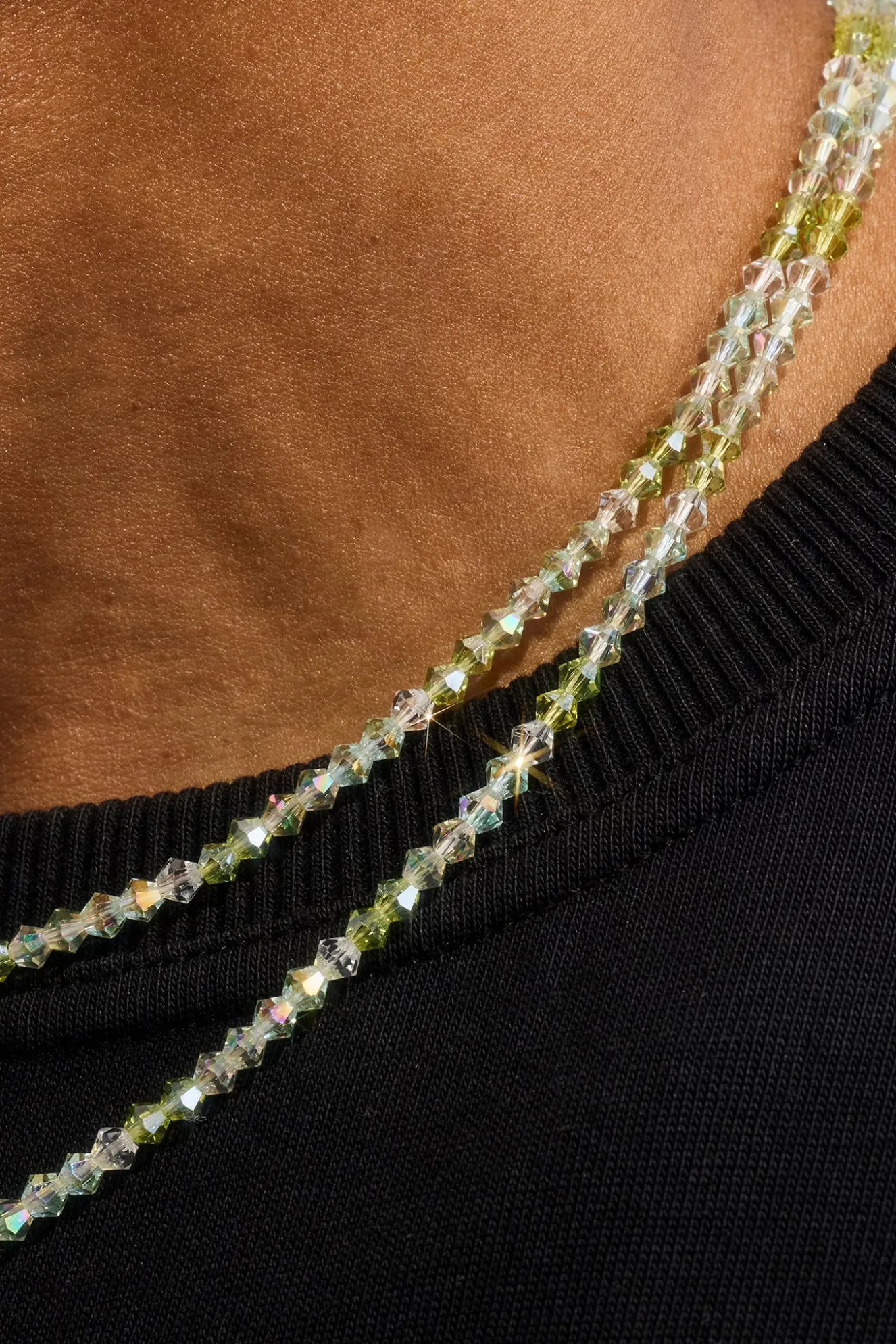 Mens Green Double Layer Glass Bead Necklace - 4mm - White