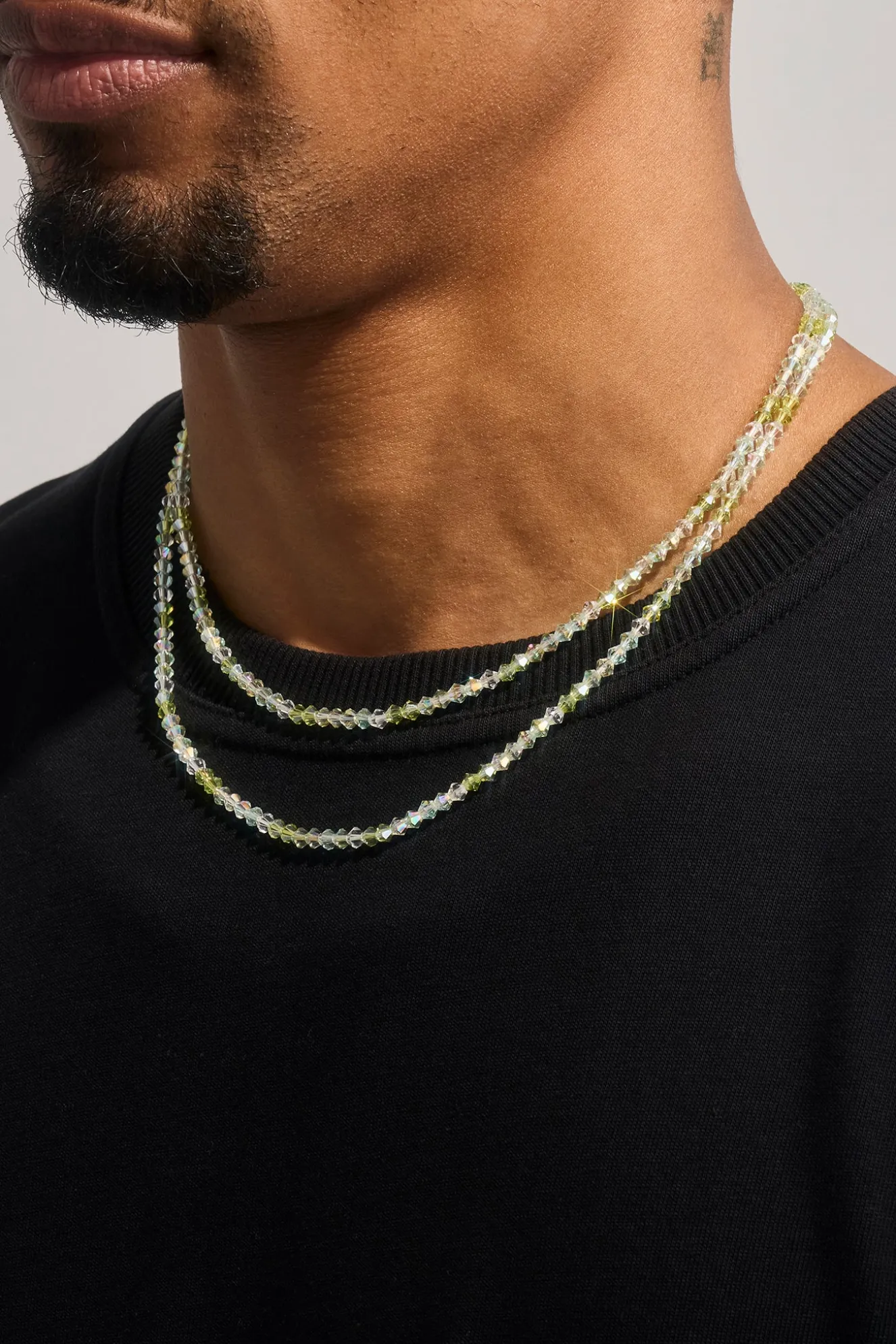 Mens Green Double Layer Glass Bead Necklace - 4mm - White