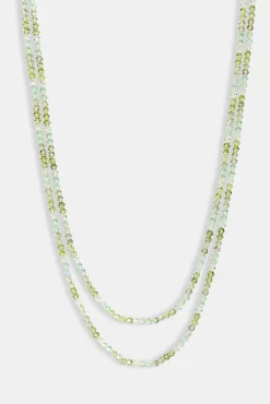 Mens Green Double Layer Glass Bead Necklace - 4mm - White