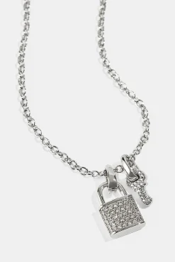 Mens Iced Padlock & Key Necklace - 15mm - White