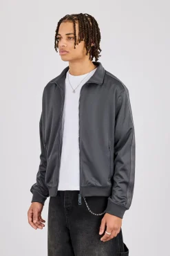 Mens Regular Poly Smooth Taping Track Top - Charcoal