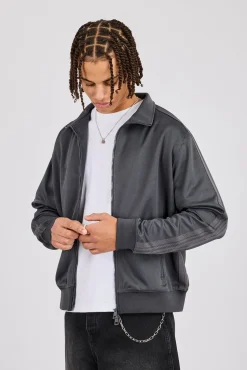 Mens Regular Poly Smooth Taping Track Top - Charcoal