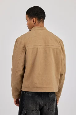 Mens Suede Applique Moto Jacket - Taupe
