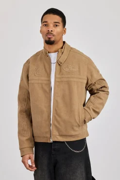 Mens Suede Applique Moto Jacket - Taupe