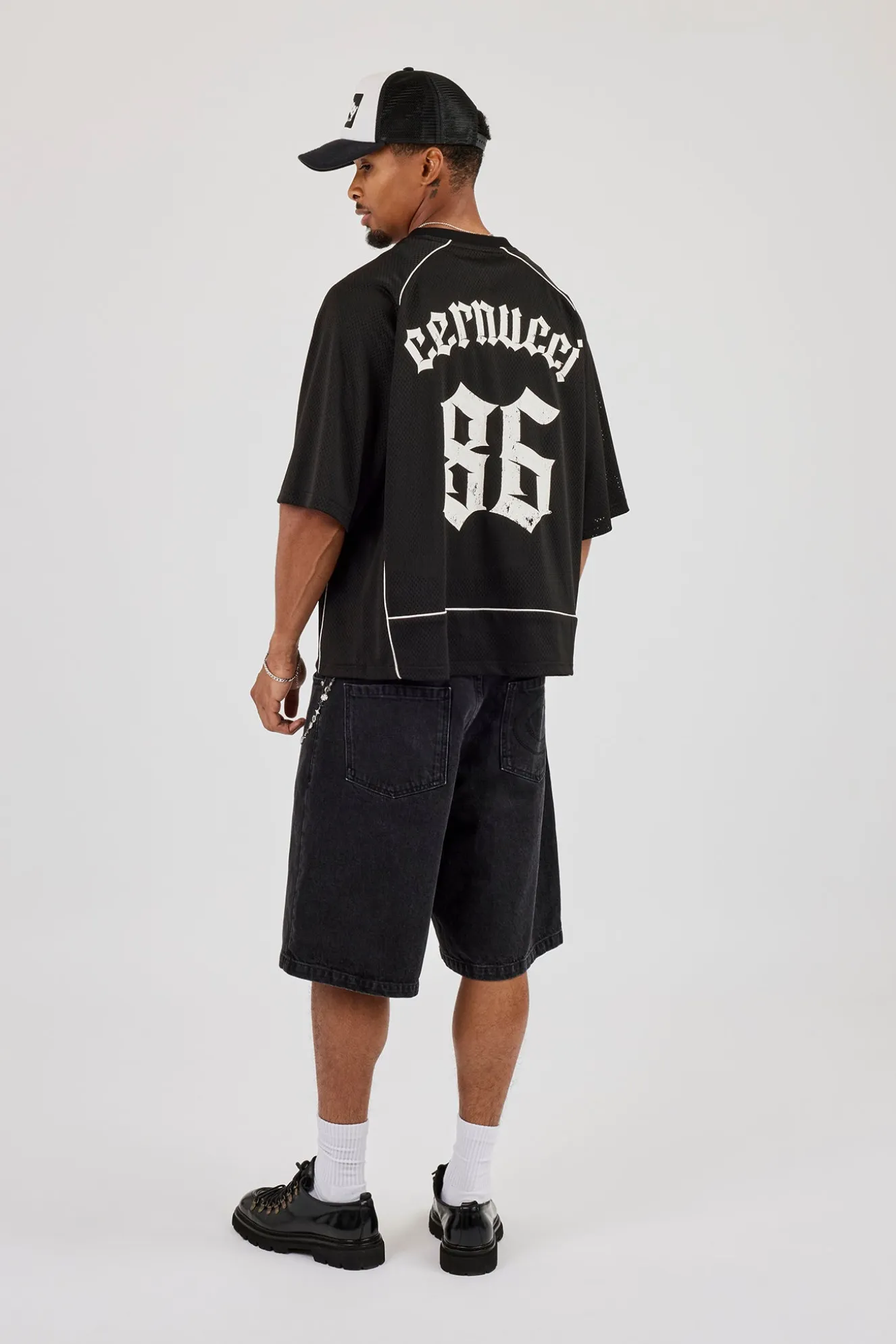 Mesh Back Print Oversized T-Shirt - Black