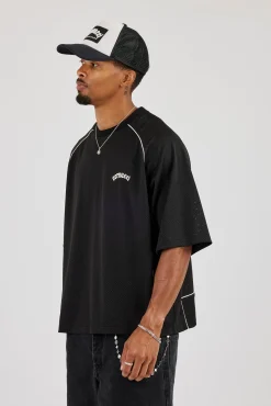 Mesh Back Print Oversized T-Shirt - Black