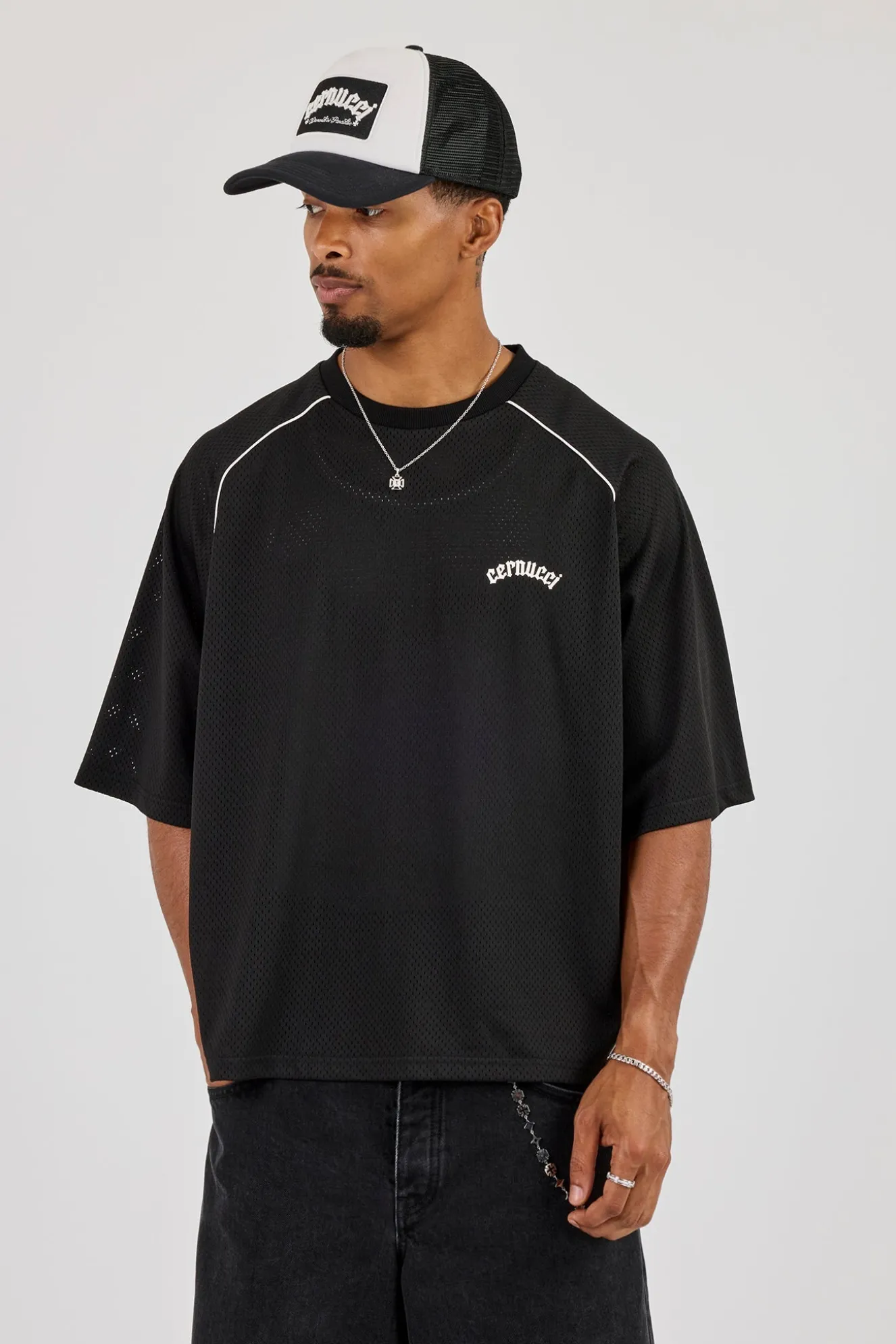 Mesh Back Print Oversized T-Shirt - Black