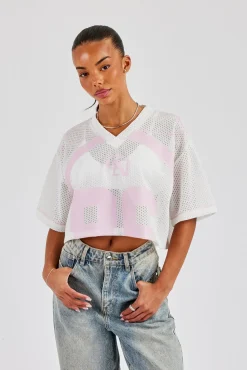 Mesh Cropped Pink 86 Top - White
