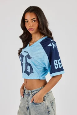 Mesh Fitted Cropped Top - Light Blue