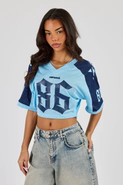 Mesh Fitted Cropped Top - Light Blue