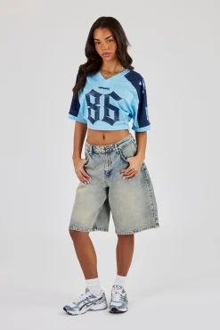 Mesh Fitted Cropped Top - Light Blue