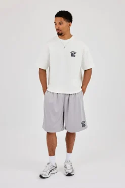 Mesh Printed Basketball Short - Grey