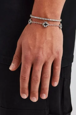 12mm Black Enamel Cross Motif Bracelet & 3mm Tennis Bracelet - White