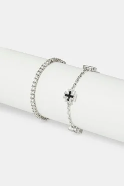 12mm Black Enamel Cross Motif Bracelet & 3mm Tennis Bracelet - White