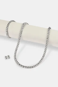 5mm Tennis Bracelet, Chain & Round Cut Stud Earring - 6mm - White
