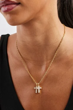Mother Of Pearl Double Cross Necklace - 15mm - Gold