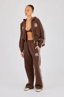 Moto Boxy Zip Through Hoodie & Wide Leg Jogger - Washed Chocolate