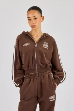 Moto Boxy Zip Through Hoodie - Washed Chocolate