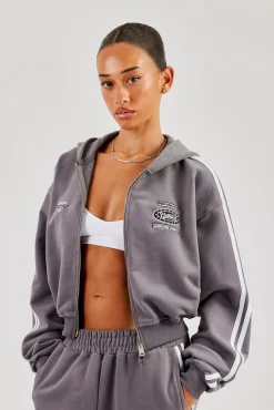 Moto Boxy Zip Through Hoodie - Washed Charcoal
