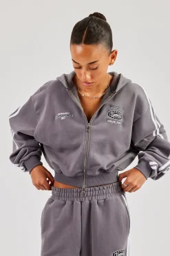 Moto Boxy Zip Through Hoodie - Washed Charcoal