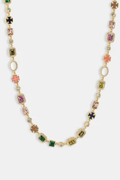 Multi Gemstone Motif Necklace - Gold Pink & Green - 10mm