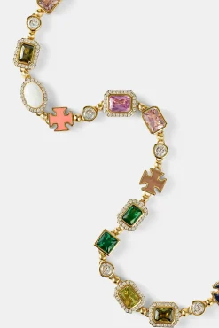 Multi Gemstone Motif Necklace - Gold Pink & Green - 10mm