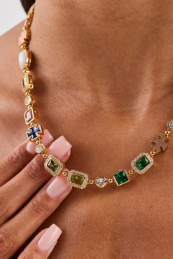 Multi Gemstone Motif Necklace - Gold Pink & Green - 10mm