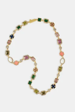 Multi Gemstone Motif Necklace - Gold Pink & Green - 10mm