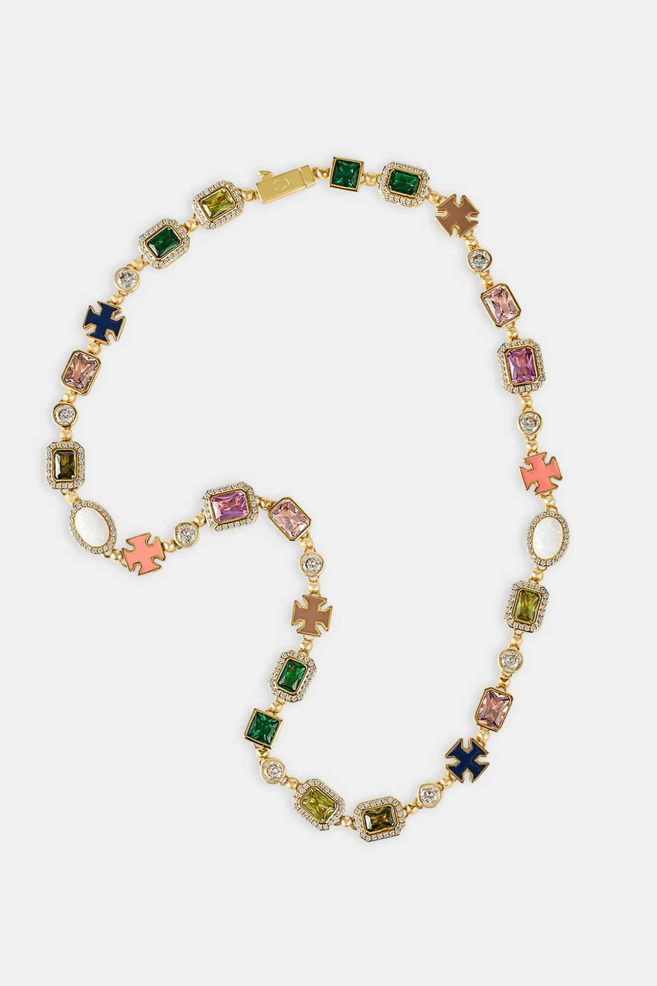 Multi Gemstone Motif Necklace - Gold Pink & Green - 10mm