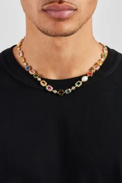 Multi Gemstone Motif Necklace - Gold - 10mm