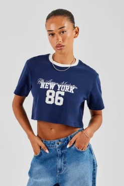 New York Contrast Cropped T-Shirt - Navy Blue